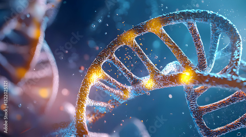 Glowing Orange and White DNA Double Helix with Pixelated Particles on Blue Background in Microscopic Detail