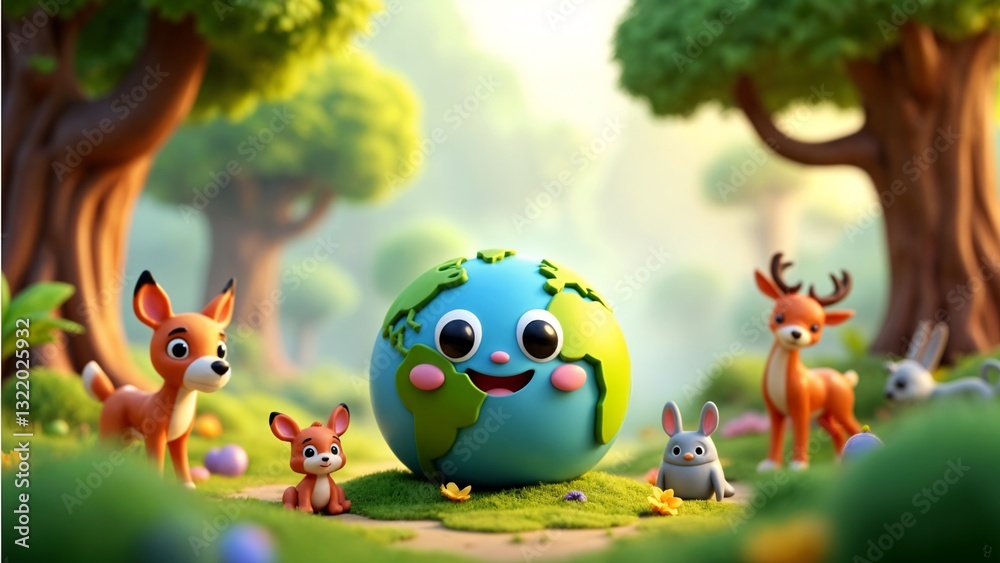 Obraz premium A group of animals standing around a globe in the middle of a forest.