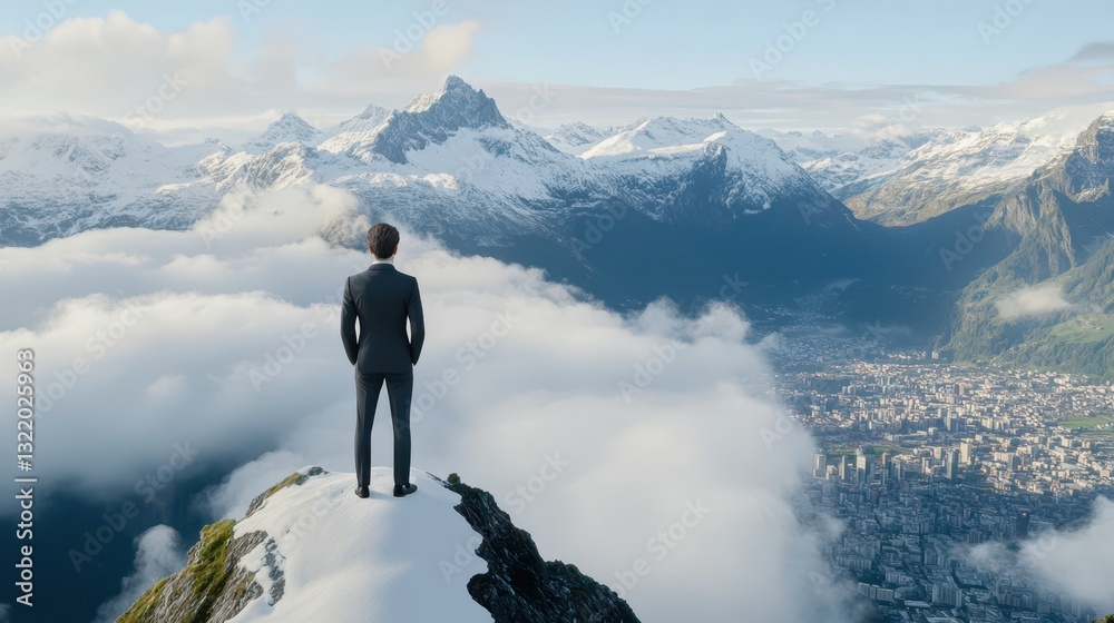 Visionary Ascent: A lone businessman, a symbol of ambition and foresight, gazes out at a breathtaking panorama of snow-capped mountains and a sprawling city. Visionary Ascent: A lone businessman, a symbol of ambition and foresight, gazes out at a breathtaking panorama of snow-capped mountains and a sprawling city.