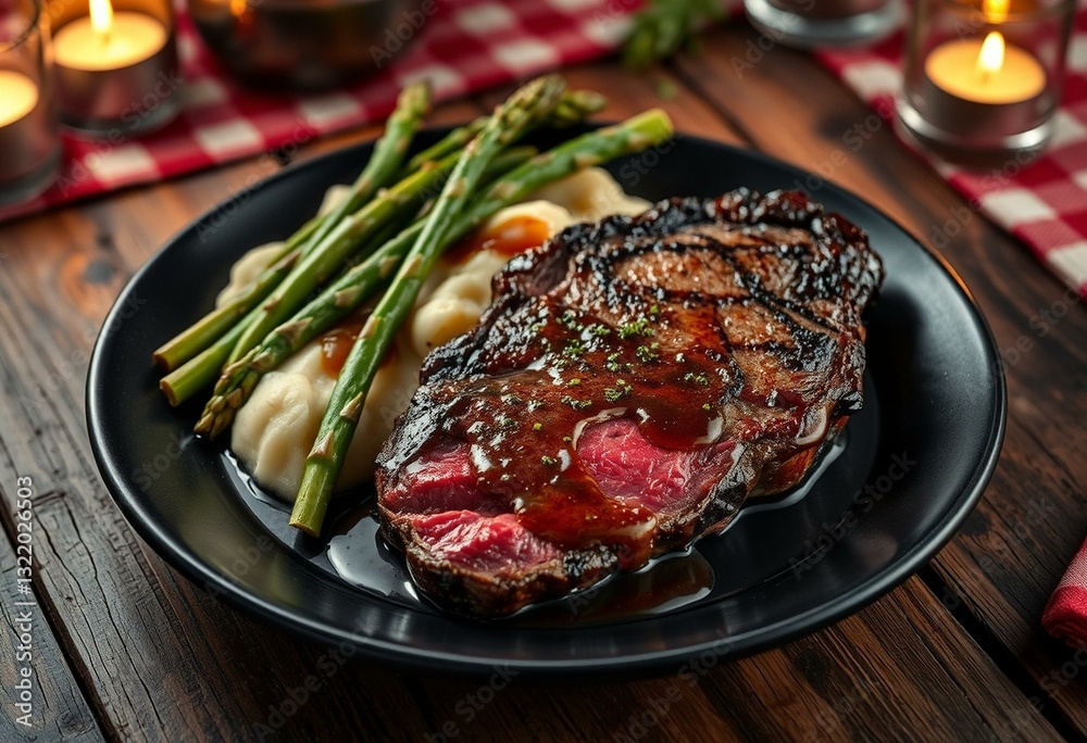 Savory meat steak with garlic mashed potatoes and steamed asparagus Savory meat steak with garlic mashed potatoes and steamed asparagus