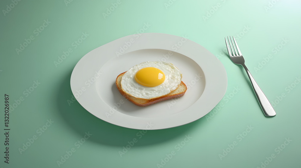 Sunny-Side-Up Egg on Toast with Fork, Healthy Breakfast Concept Minimalist Background Sunny-Side-Up Egg on Toast with Fork, Healthy Breakfast Concept Minimalist Background