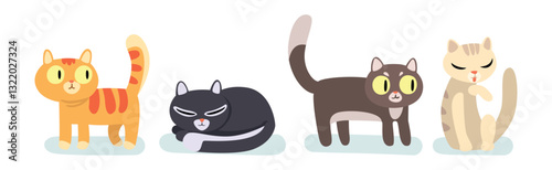 Funny Cat Tame Domestic Animal with Tail and Paw Vector Set