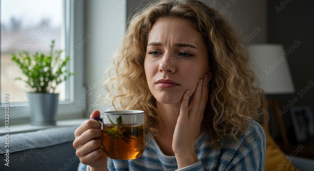 Toothache Relief: Woman with Tea Soothing Pain. Dental Health, Home Remedy & Care. Toothache Relief: Woman with Tea Soothing Pain. Dental Health, Home Remedy & Care.