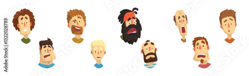 Man Face Expressing Astonished and Surprised Emotion Raising His Eyebrows Vector Set
