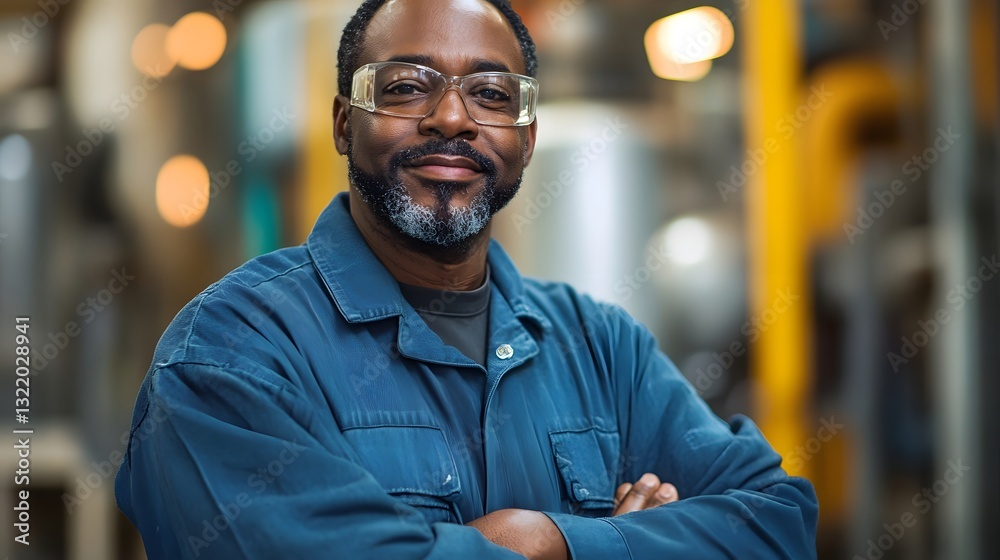 Fototapeta premium a skilled worker with safety glasses and crossed arms smiling in a factory setting.
