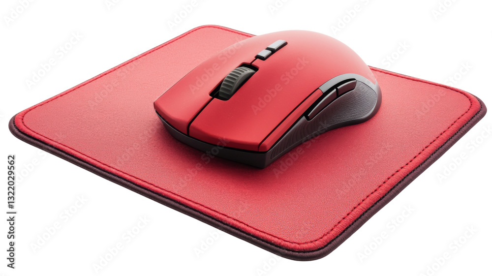 Red wireless mouse resting on matching mouse pad with transparent background Red wireless mouse resting on matching mouse pad with transparent background