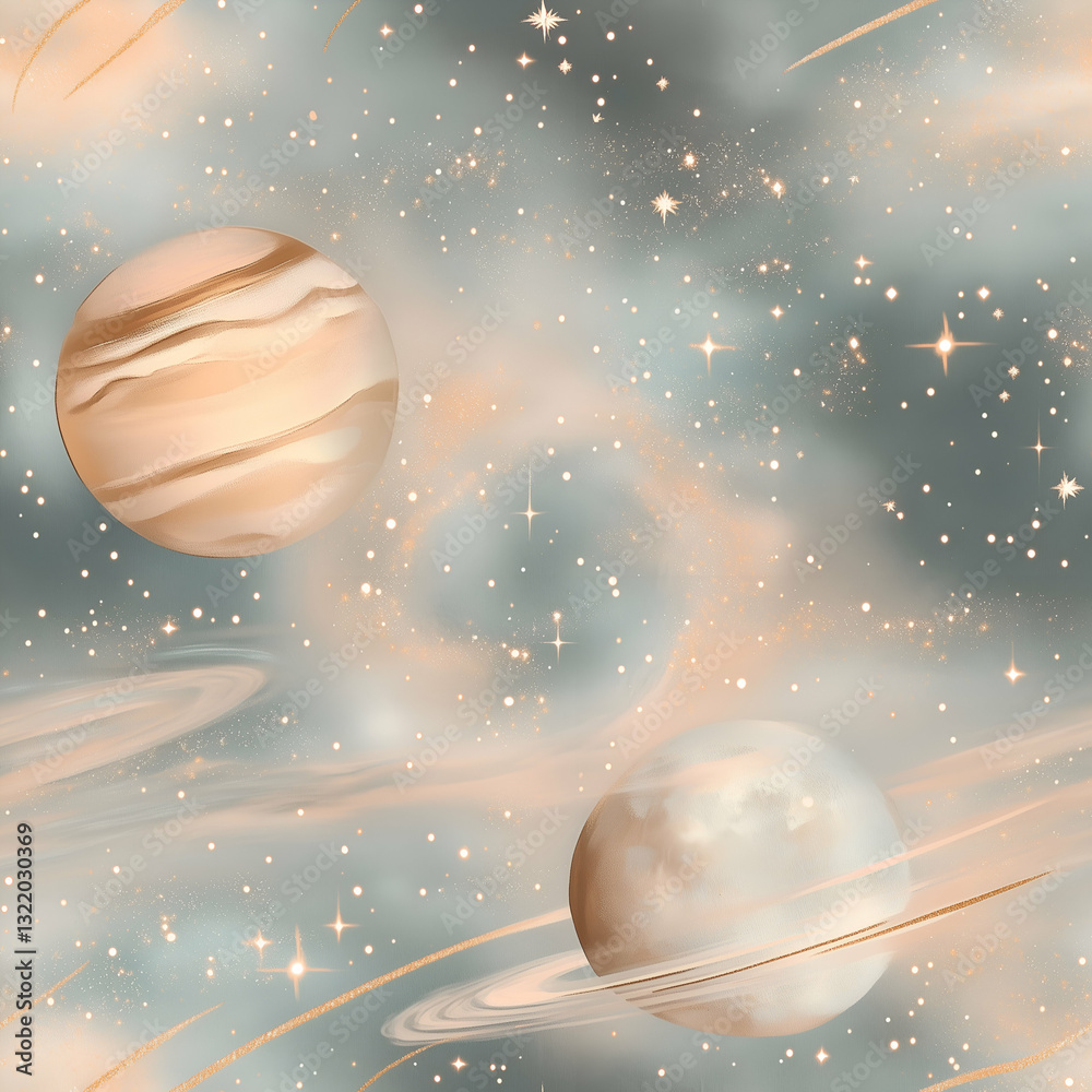 Fototapeta premium cosmic space scene with planets, glowing nebulae, and twinkling stars in soft pastel colors