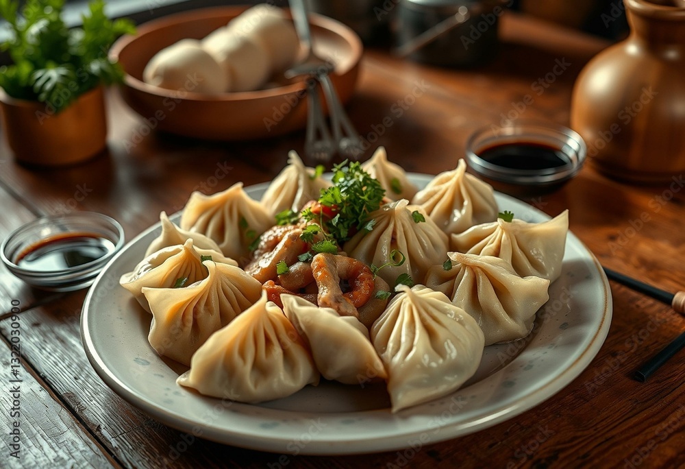 Delicious dumplings on a rustic wooden table Delicious dumplings on a rustic wooden table