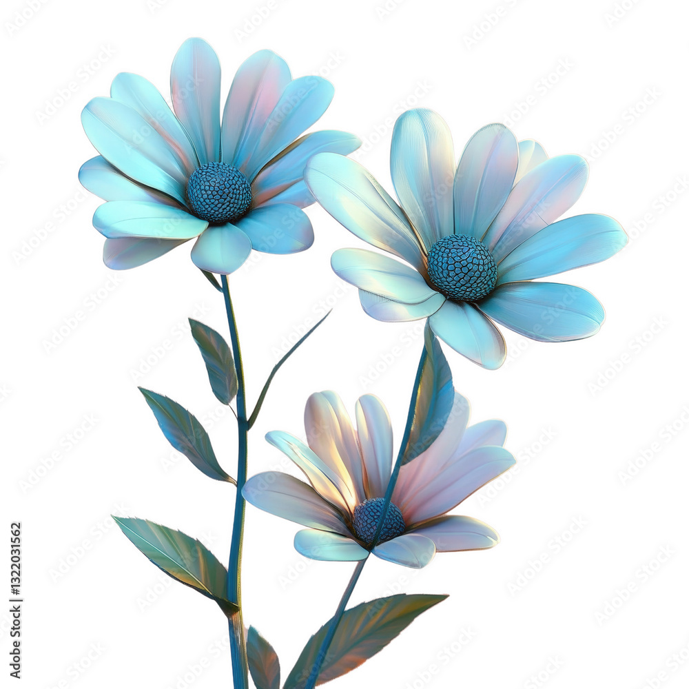 Obraz premium **Whispers of Azure: A Trio of delicate, azure-hued blossoms, their petals softly illuminated, conveying a sense of serenity and renewal.**