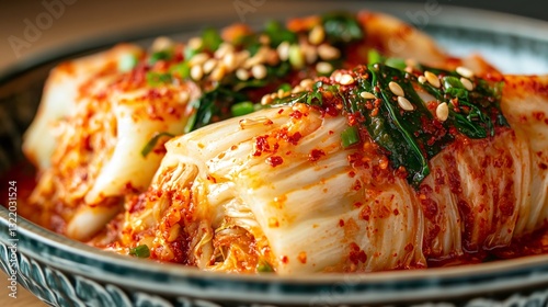 Close up of freshly made napa cabbage kimchi with visible red chili flakes and garlic paste, elegantly plated on a traditional Korean porcelain dish photo