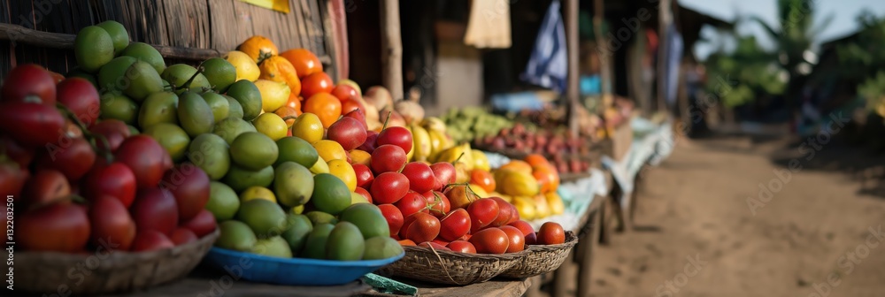 Obraz premium A colorful outdoor market stall brimming with fresh fruits showcases local produce, community engagement, and the rich diversity and flavors associated with healthy eating.