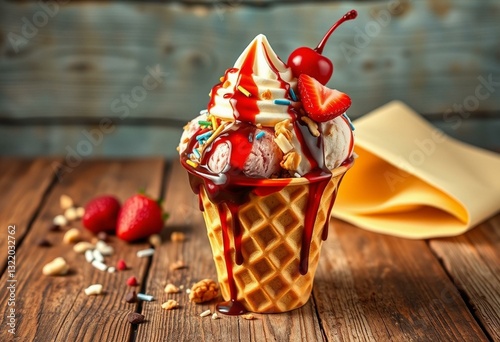 A colorful and delicious ice cream with various toppings on a wooden table photo