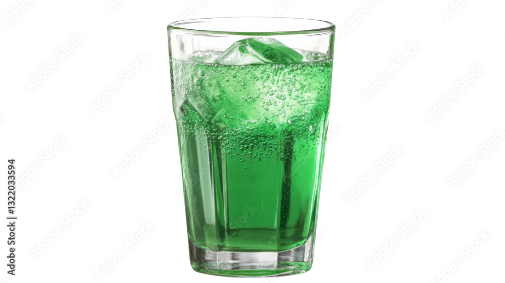 Refreshing green carbonated drink with ice cubes in a glass with transparent background Refreshing green carbonated drink with ice cubes in a glass with transparent background