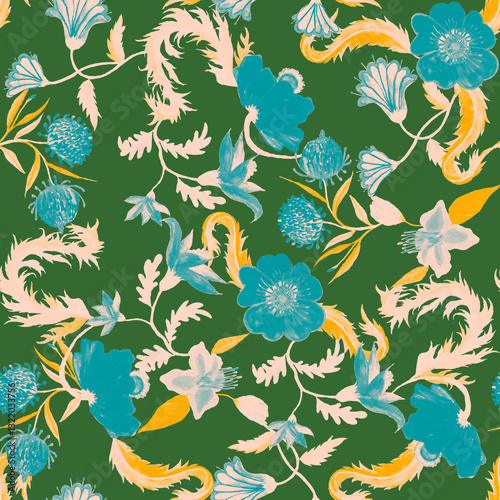 Tropical pattern, floral, leaves. Digital print in Repeat (rapport), Resolution 300 DPI, ideal for fashion, decoration and stationery.