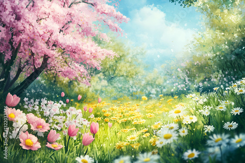 Obraz na płótnie spring flowers in the garden, watercolor wallpaper w salonie