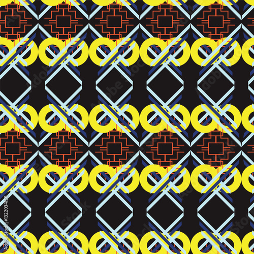 Pop art style retro design pattern with 80s90s feel. This pattern uses bright, vibrant colors. Perfect for interiors, backgrounds. Vector illustration