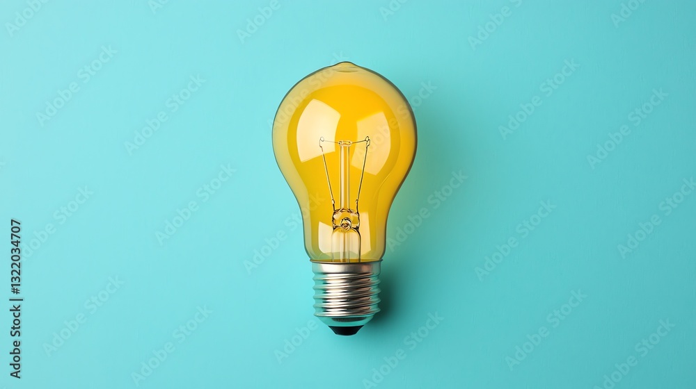 Yellow Light Bulb Glowing on a Light Blue Background Representing Ideas Yellow Light Bulb Glowing on a Light Blue Background Representing Ideas
