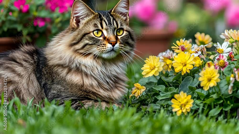 Beautiful long-haired cat resting among colorful flowers in a vibrant garden during springtime