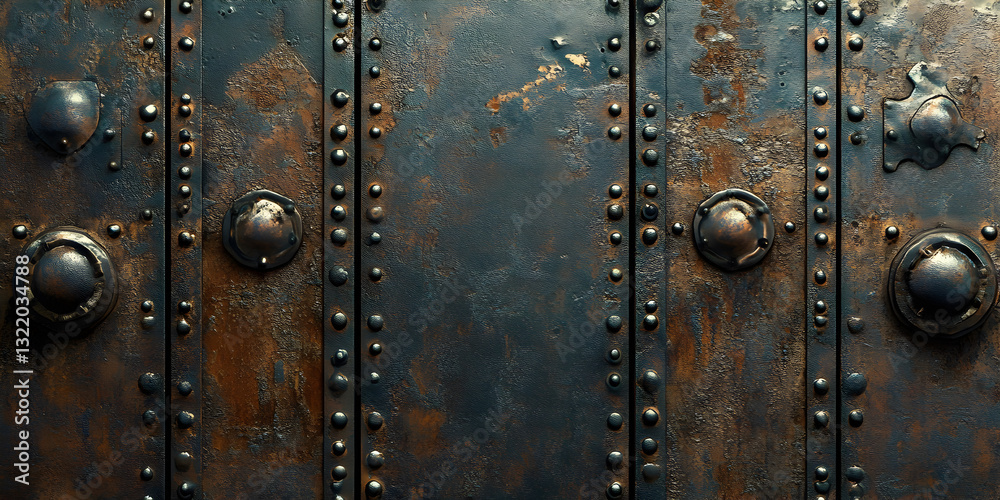 Fototapeta premium Close-up of an aged metal door with rusted rivets and an industrial texture. Ideal for steampunk designs, backgrounds, and architectural themes. Perfect for vintage, grunge, and retro aesthetics.
