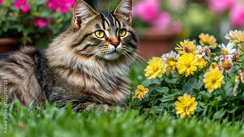Beautiful long-haired cat resting among colorful flowers in a vibrant garden during springtime