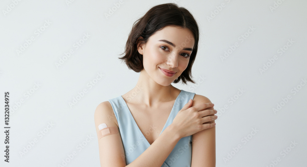 ** Vaccinated & Smiling! Confident Woman with Band-Aid Shows Vaccine Success, Health & Wellness Advocate, Vaccine, Healthcare ** Vaccinated & Smiling! Confident Woman with Band-Aid Shows Vaccine Success, Health & Wellness Advocate, Vaccine, Healthcare
