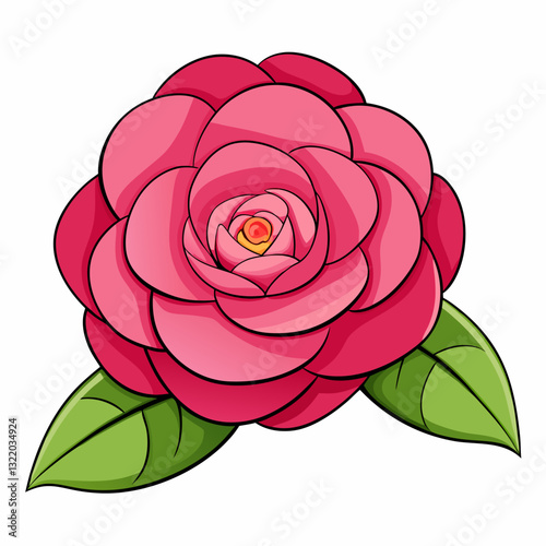 Blooming Camellia: A vibrant illustration of a Camellia flower, its layers of pink petals unfurling to reveal a bright center, framed by lush green leaves