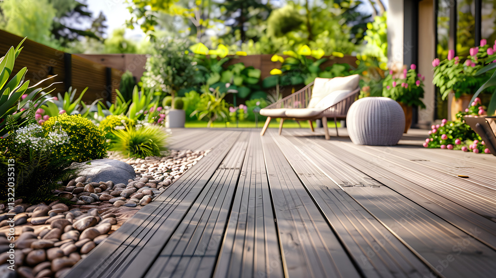 Fototapeta premium A wooden deck with a stone pathway and a lawn