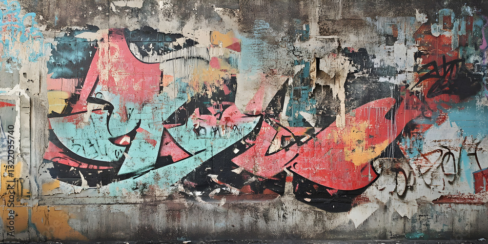 Fototapeta premium A vibrant graffiti artwork on an old concrete wall with peeling paint and raw textures. Perfect for urban backgrounds, street art concepts, and creative design projects.