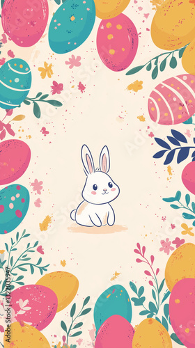Easter greeting card background with cute bunny and colorful easter eggs. Vector illustration, easter day advertising.