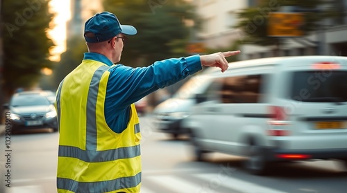 A Traffic Controller Confidently Directs Traffic On A Busy City Street, His Bright Yellow Vest A Beacon Of Safety Amidst The Blur Of Passing Vehicles
