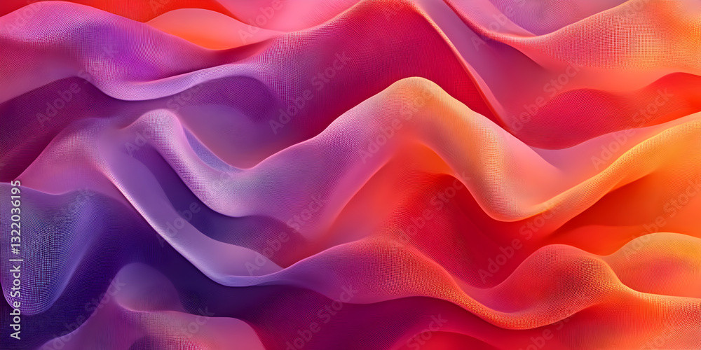 Obraz premium A dynamic abstract 3D wave pattern with a smooth gradient in red, purple, and orange. Perfect for backgrounds, digital art, and modern design projects. High-resolution futuristic texture.