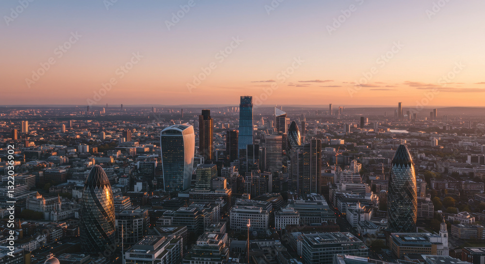 Fototapeta premium ** London Skyline at Sunset: Stunning Aerial View of City Skyscrapers & Landmarks - Architecture, Travel, Urban Photography.