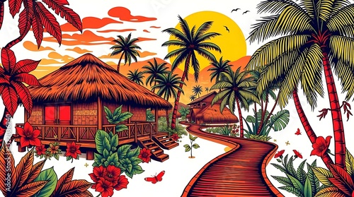 A Tranquil Tropical Bungalow Nestled Amongst Vibrant Palms At Sunset, A Winding Path Leading To Serenity, With Bold Hand-drawn Style And Warm Color Palette