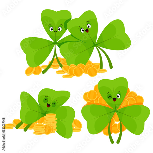 Set of green shamrock leaf characters with eyes and smile and gold coins