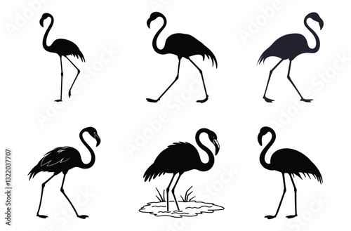 Set of flamingo silhouette art suitable for any design.
