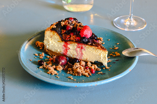 A slice of cheesecake with berries and a cherry on top
