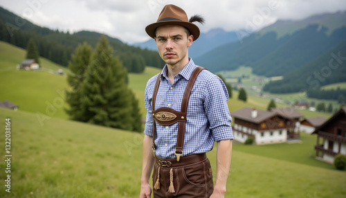 Alpine man wearing lederhosen with cultural heritage representing traditional setting against mountain backdrop