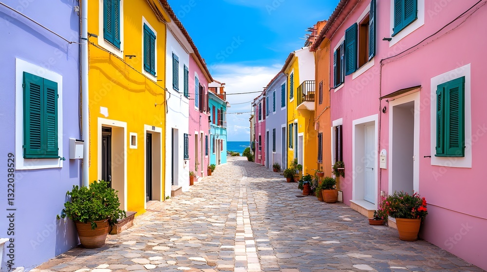 Fototapeta premium Charming Cobblestone Alley in Picturesque Mediterranean Coastal Town
