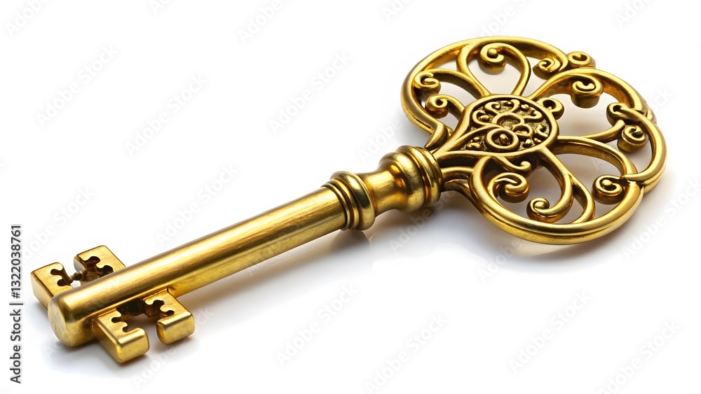 Ornate Gold Key on White Background Ornate Gold Key on White Background