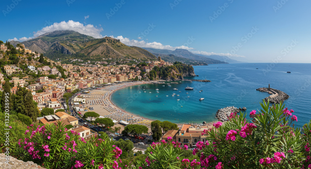 Obraz premium Taormina, Sicily: Coastal Paradise with Turquoise Water, Beaches & Mountains! Italy Travel Destination & Stunning Views.