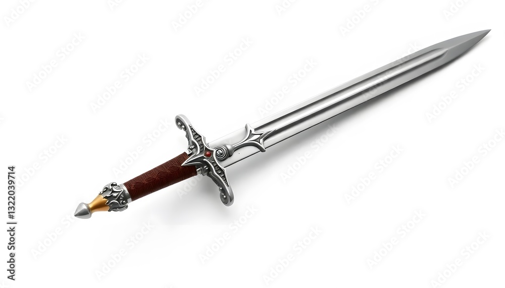 Silver Sword with Brown Handle on White Background Silver Sword with Brown Handle on White Background