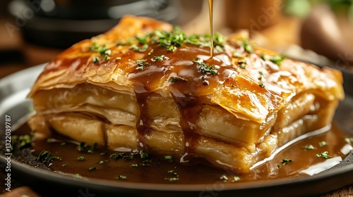 Wallpaper Mural A gravy drizzle cascading over layers of flaky pastry, with the sauce pooling artistically around the edges Torontodigital.ca