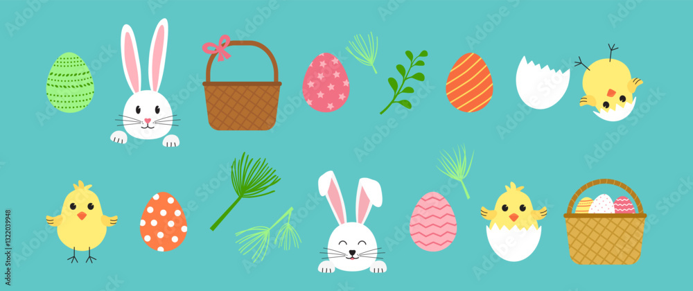 Easter rabbit head, chick, bunny ears, eggs and basket, flower. Cute animal character, cartoon egg hunt, funny spring collection on blue background. Holiday vector illustration