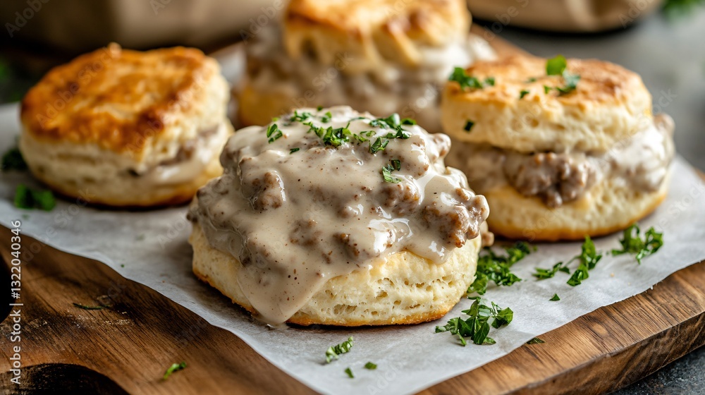 A homestyle food truck serving creamy sausage gravy over biscuits, placed on a simple wooden board with parchment paper A homestyle food truck serving creamy sausage gravy over biscuits, placed on a simple wooden board with parchment paper