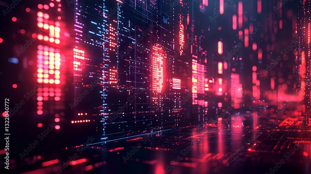Fototapeta premium Futuristic digital landscape with glowing red neon grid lines and particles creating cyberpunk atmosphere against dark background, reflective surface adds depth.