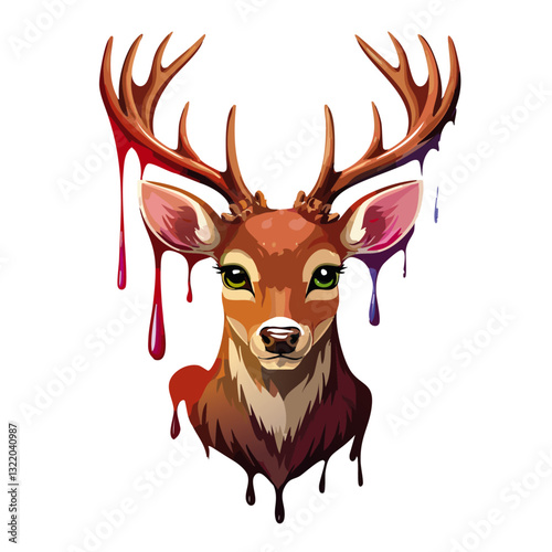 Portrait of a cute deer, dripping liquid colors vector icon design