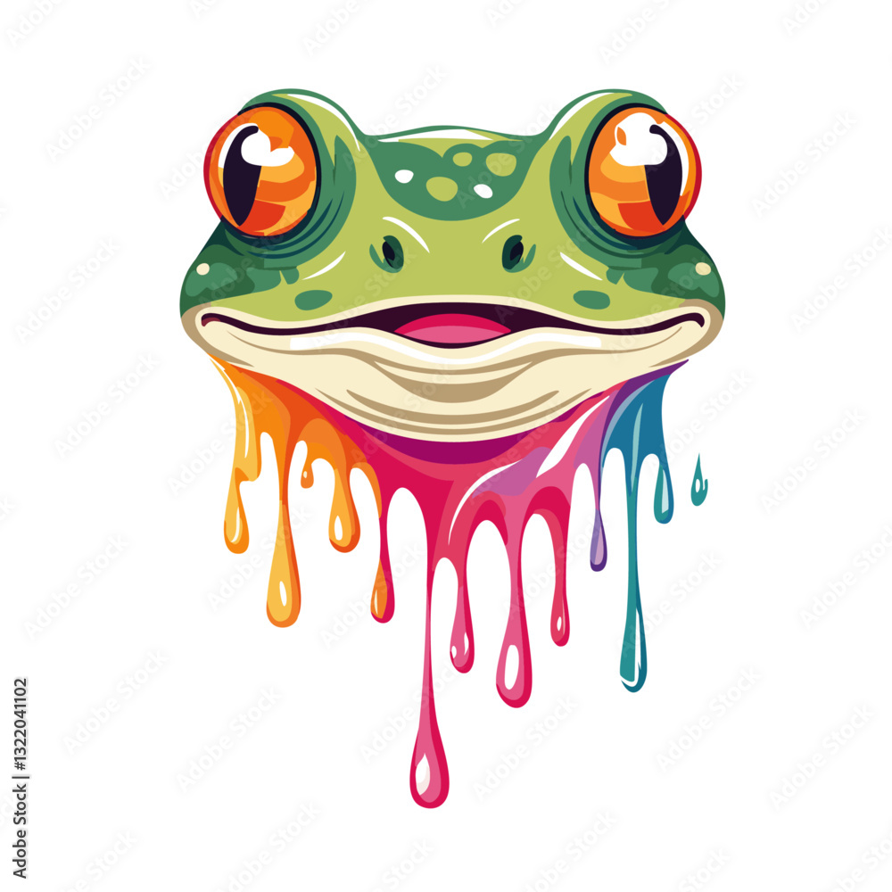 Portrait of a cute green frog, dripping liquid colors vector icon design