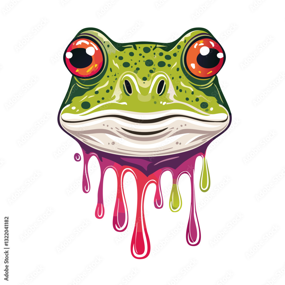 Portrait of a cute green frog, dripping liquid colors vector icon design