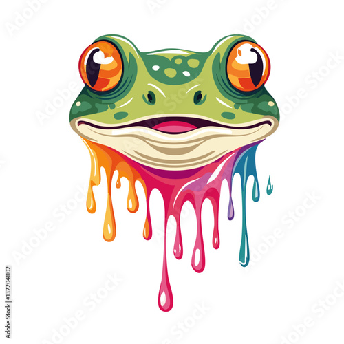 Obraz na płótnie Portrait of a cute green frog, dripping liquid colors vector icon design w salonie