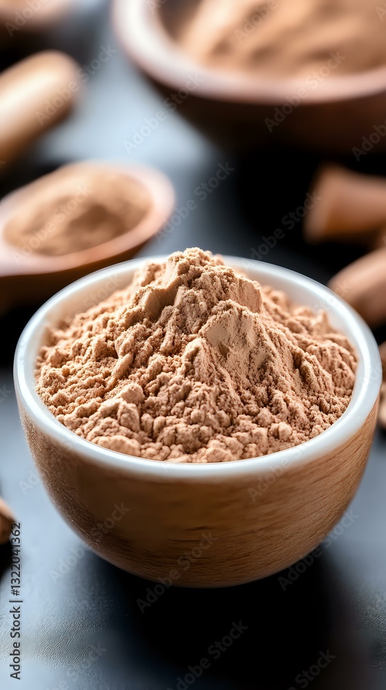 Fresh cocoa powder in wooden bowl on dark background, selective focus on fine brown powder texture, macro food photography for culinary and baking concepts. Fresh cocoa powder in wooden bowl on dark background, selective focus on fine brown powder texture, macro food photography for culinary and baking concepts.